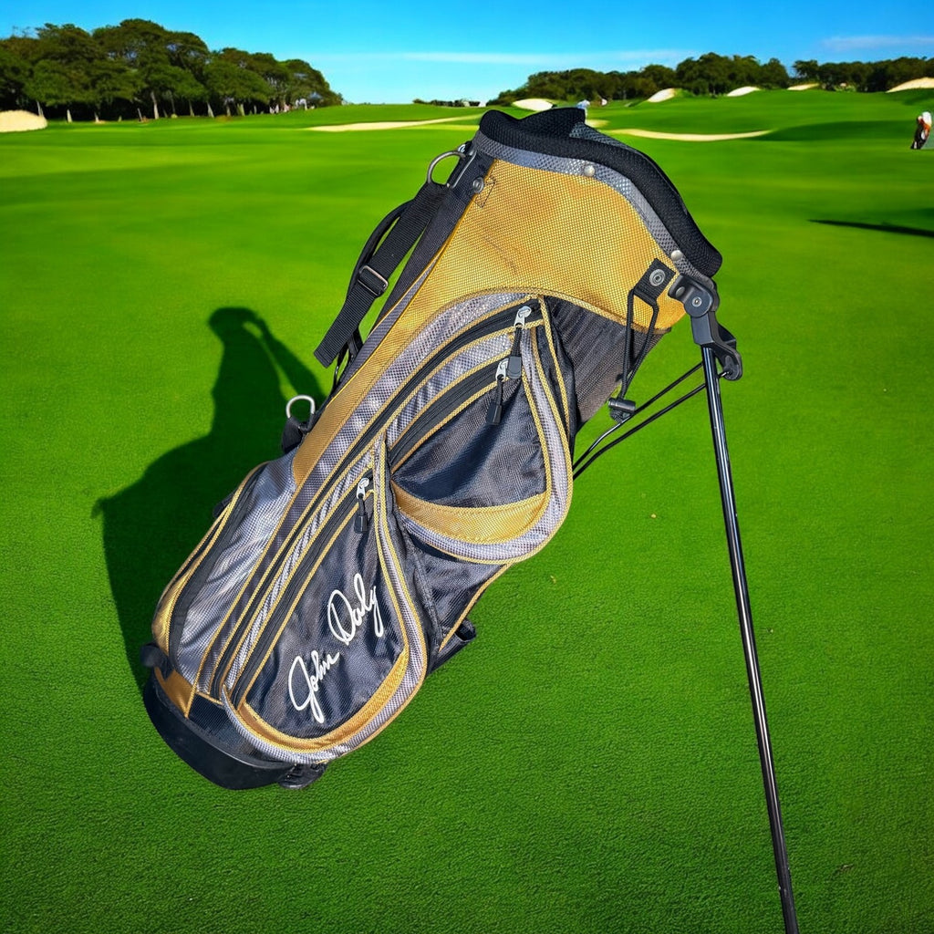 John Daly Golf Stand Bag Black Gold Dual Strap Multi Pocket Mens Lightweight