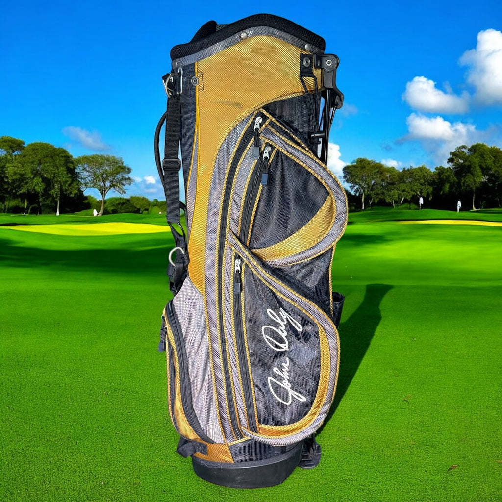 John Daly Golf Stand Bag Black Gold Dual Strap Multi Pocket Mens Lightweight