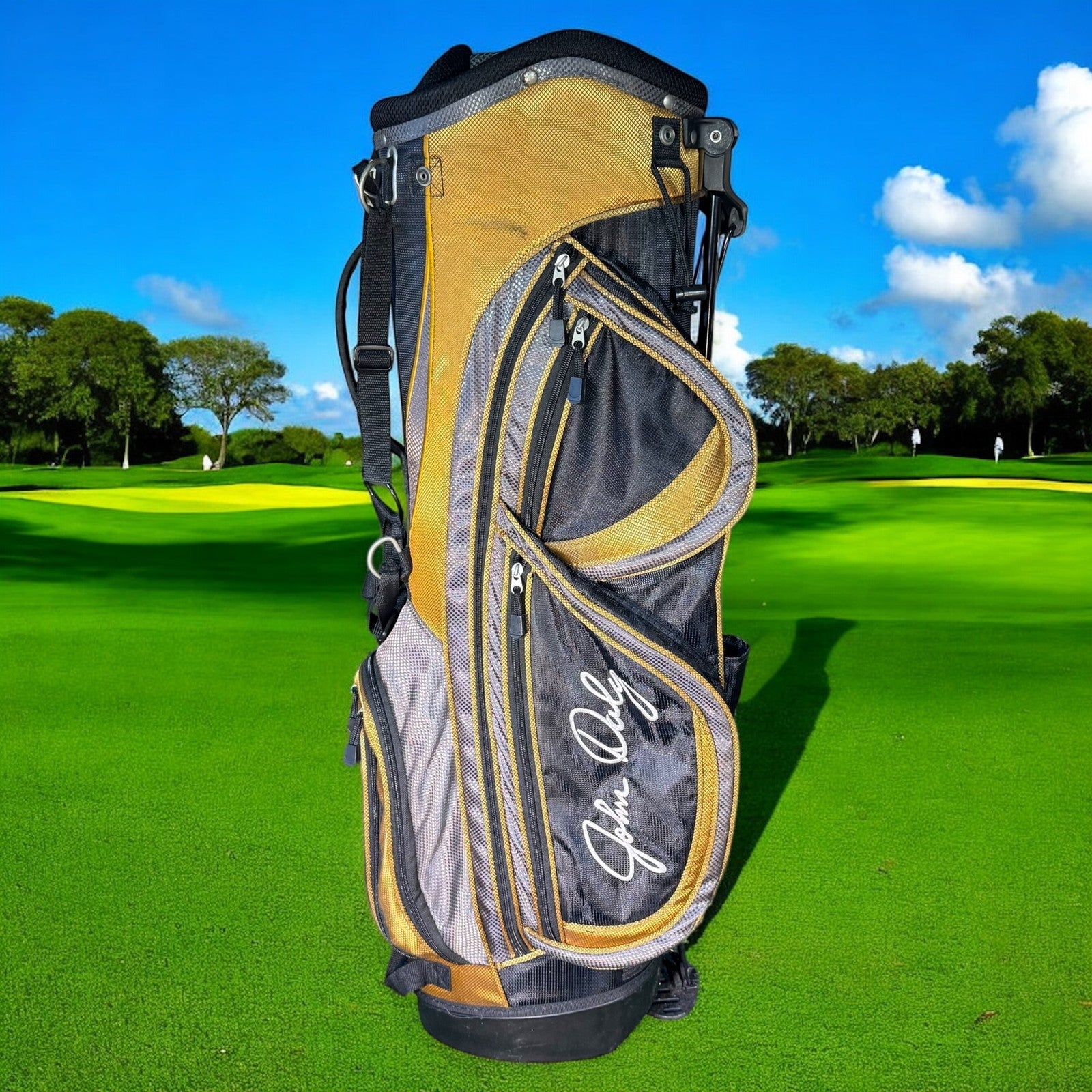 John Daly Golf Stand Bag Black Gold Dual Strap Multi Pocket Mens Lightweight